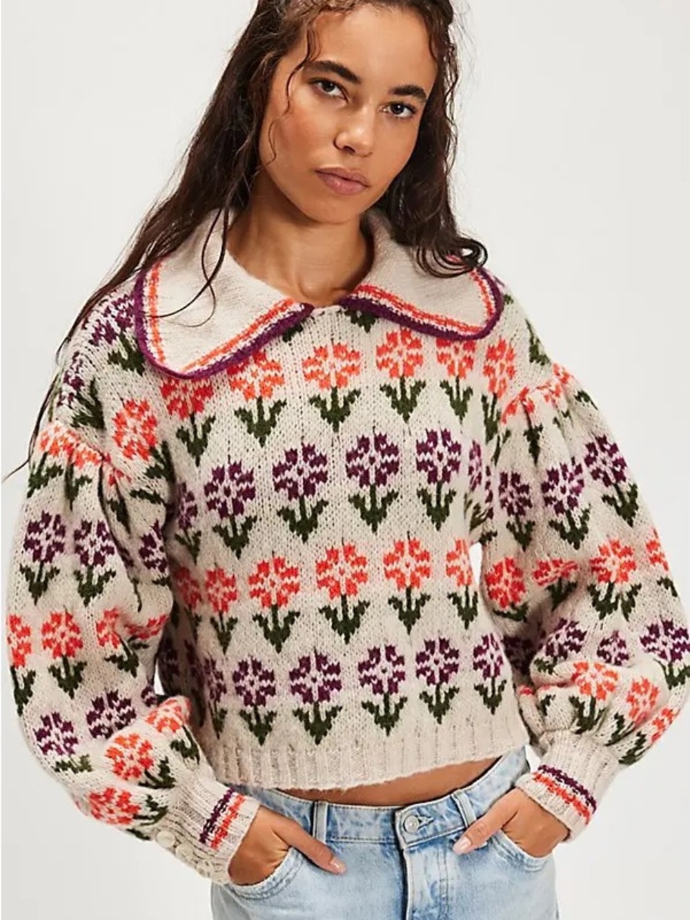 Free People Frills Softspun Sweater Oatmeal/tulip combo MSRP$248 NWT
